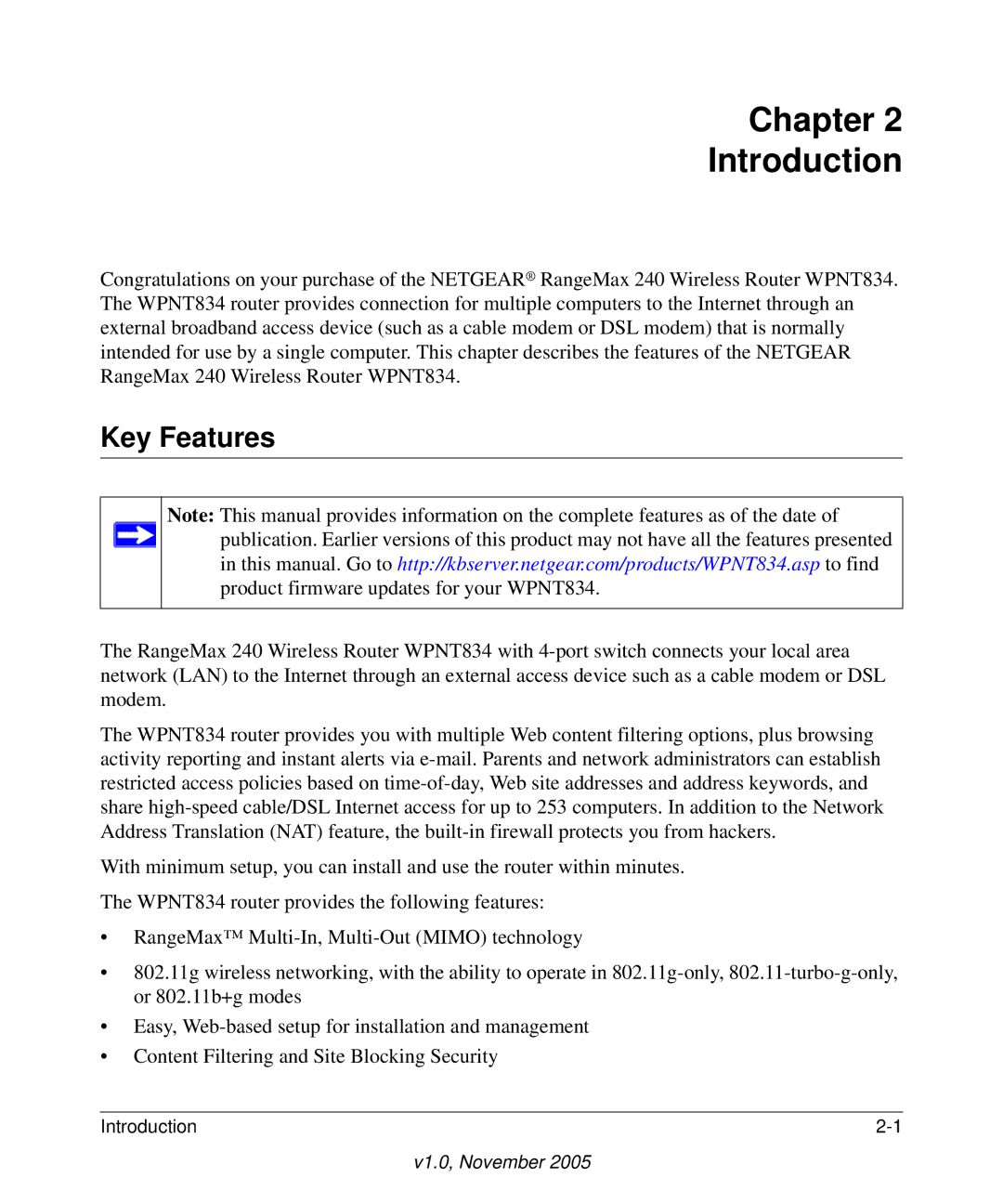 NETGEAR WPNT834 manual Chapter Introduction, Key Features 