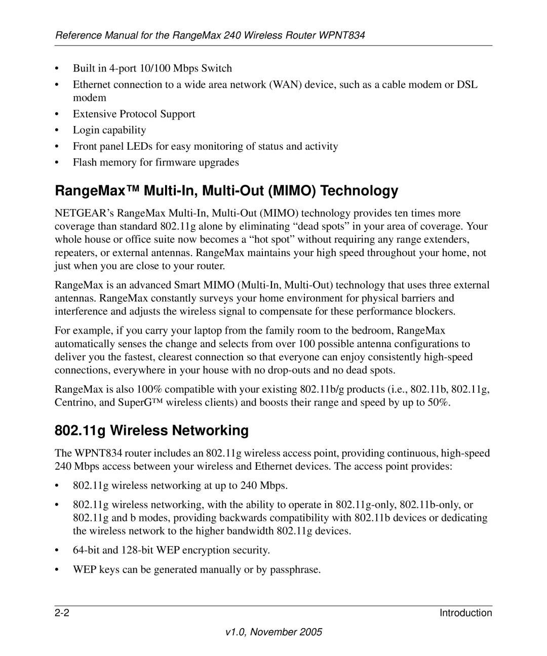 NETGEAR WPNT834 manual RangeMax Multi-In, Multi-Out Mimo Technology, 802.11g Wireless Networking 