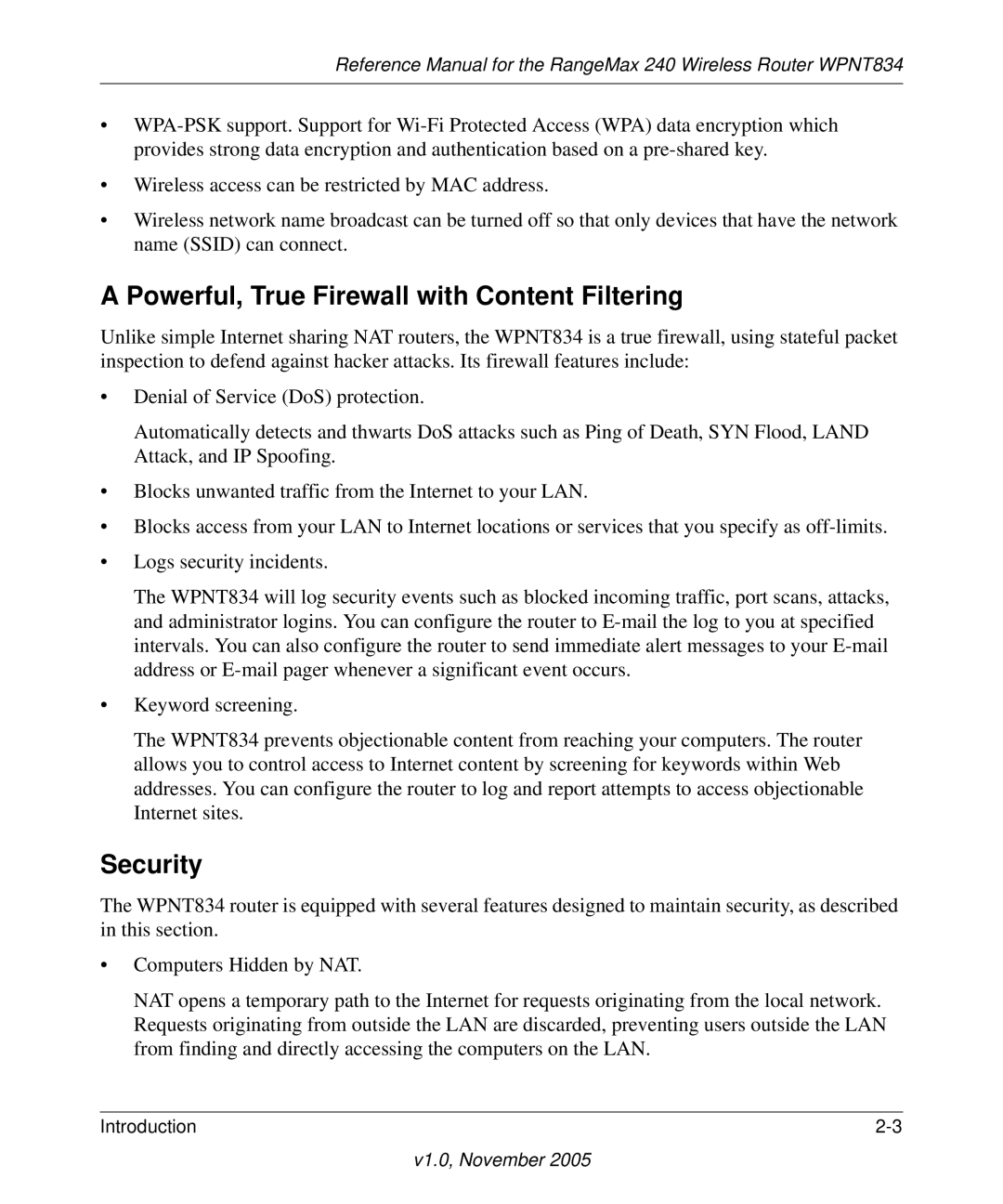 NETGEAR WPNT834 manual Powerful, True Firewall with Content Filtering, Security 