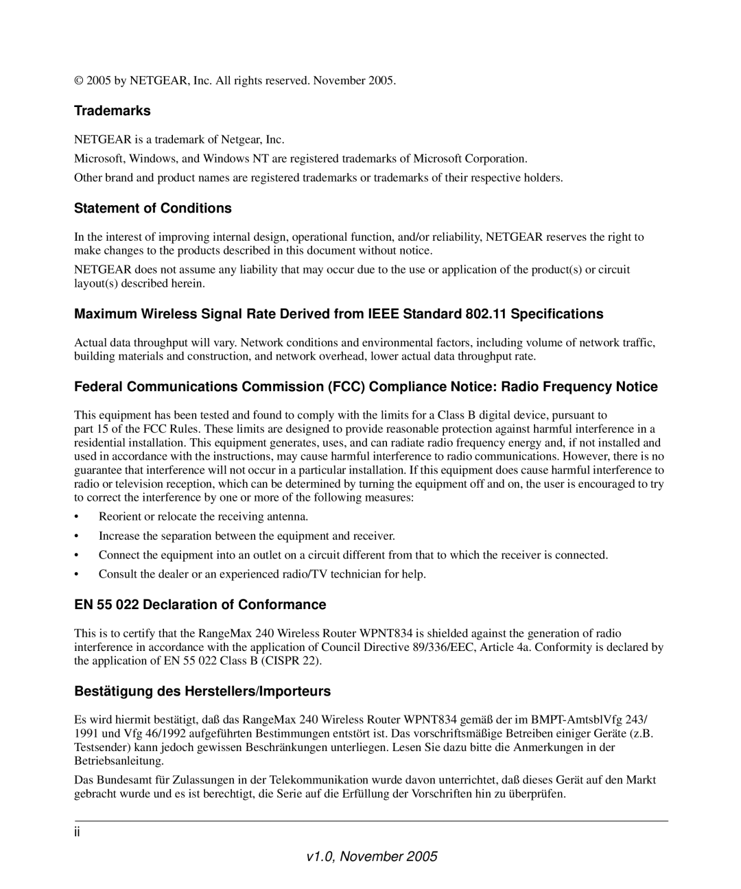 NETGEAR WPNT834 manual Trademarks, Statement of Conditions, EN 55 022 Declaration of Conformance 