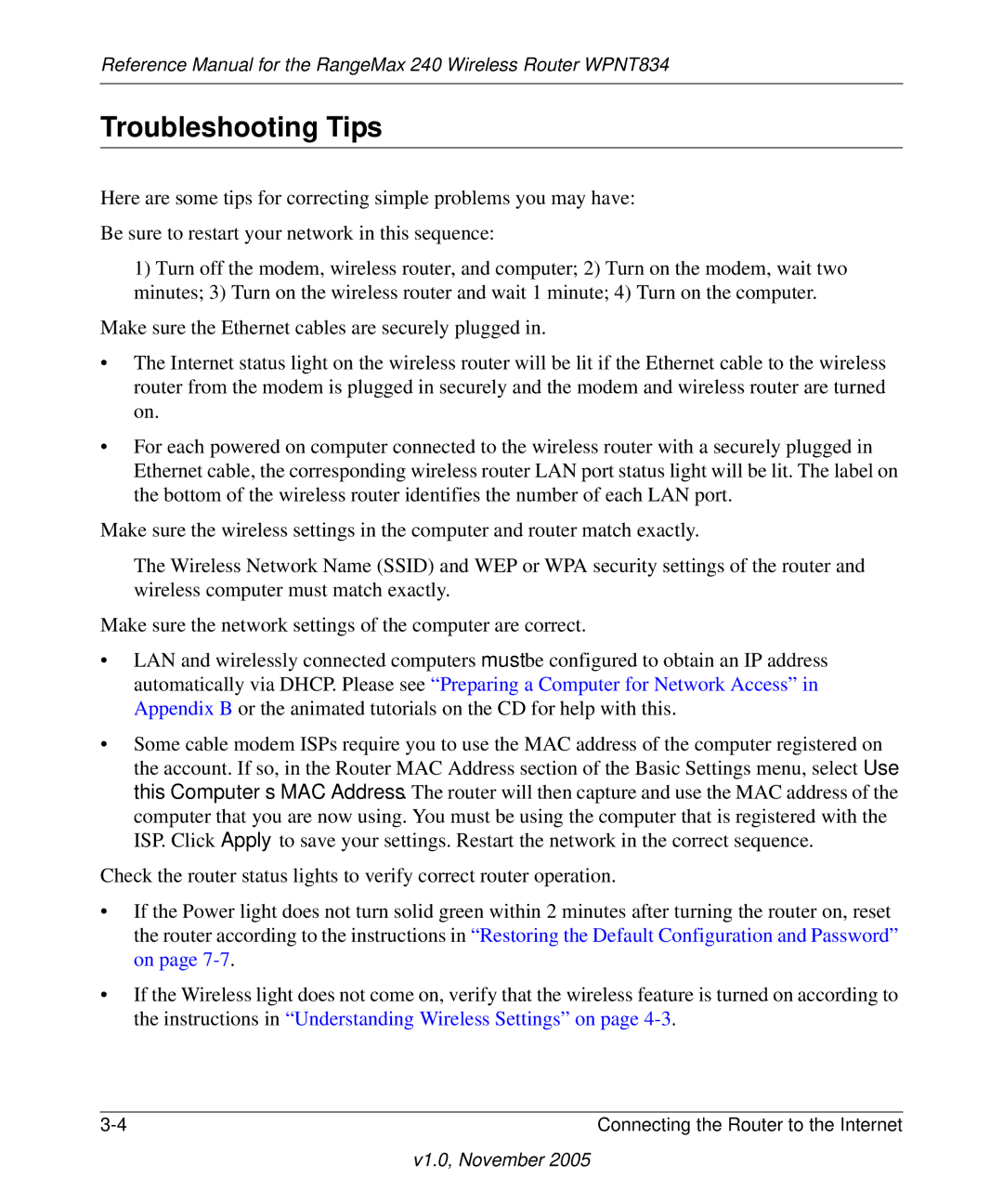 NETGEAR WPNT834 manual Troubleshooting Tips 