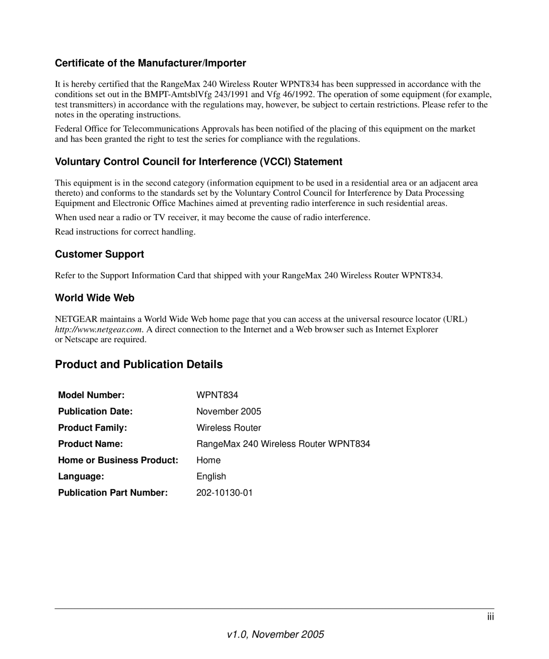 NETGEAR WPNT834 manual Certificate of the Manufacturer/Importer, Voluntary Control Council for Interference Vcci Statement 