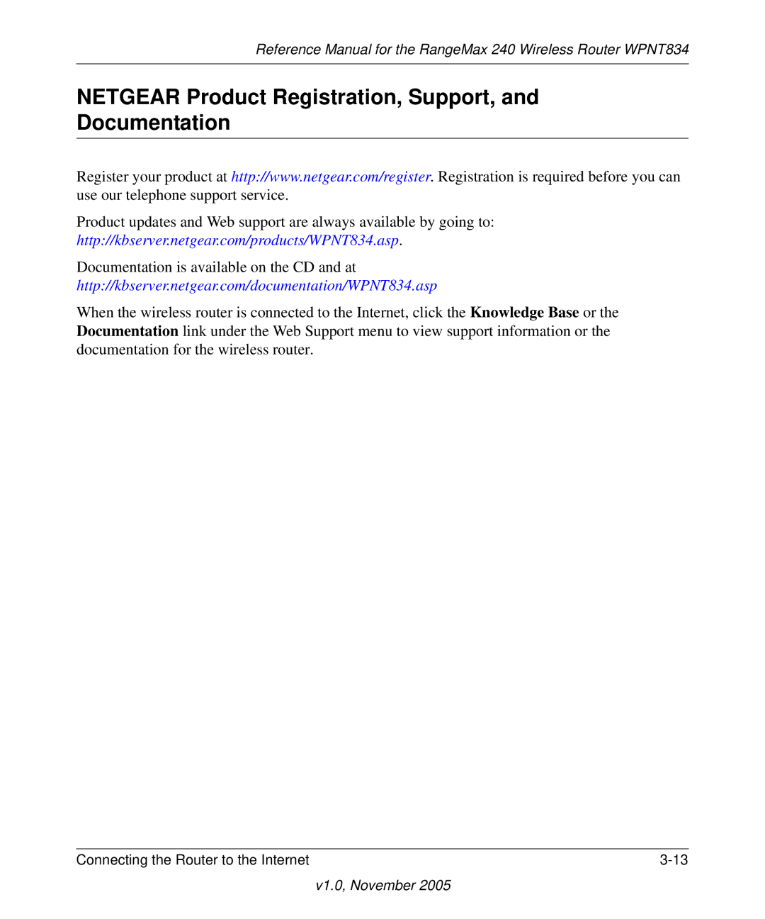 NETGEAR WPNT834 manual Netgear Product Registration, Support, and Documentation 