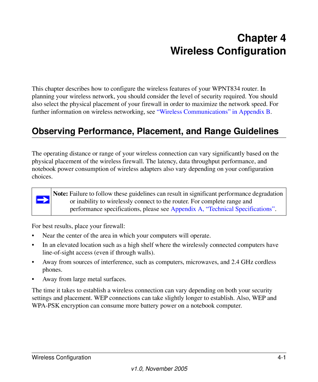 NETGEAR WPNT834 manual Chapter Wireless Configuration, Observing Performance, Placement, and Range Guidelines 