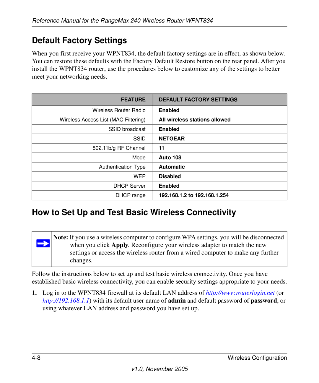 NETGEAR WPNT834 manual Default Factory Settings, How to Set Up and Test Basic Wireless Connectivity 