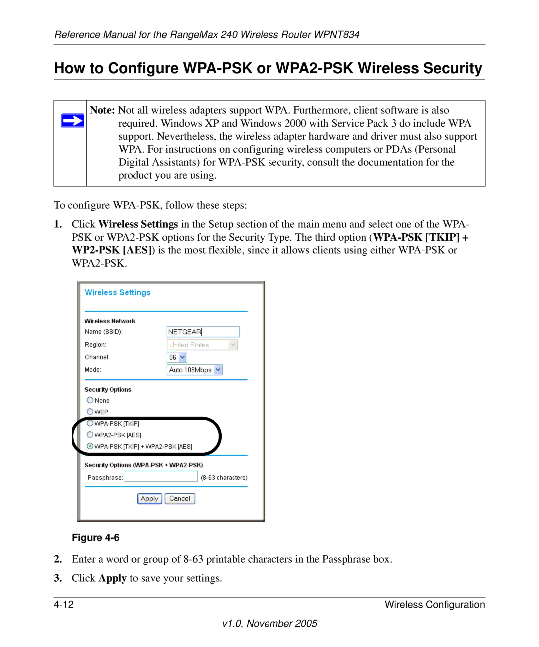 NETGEAR WPNT834 manual How to Configure WPA-PSK or WPA2-PSK Wireless Security 