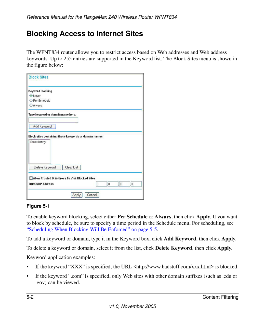 NETGEAR WPNT834 manual Blocking Access to Internet Sites 