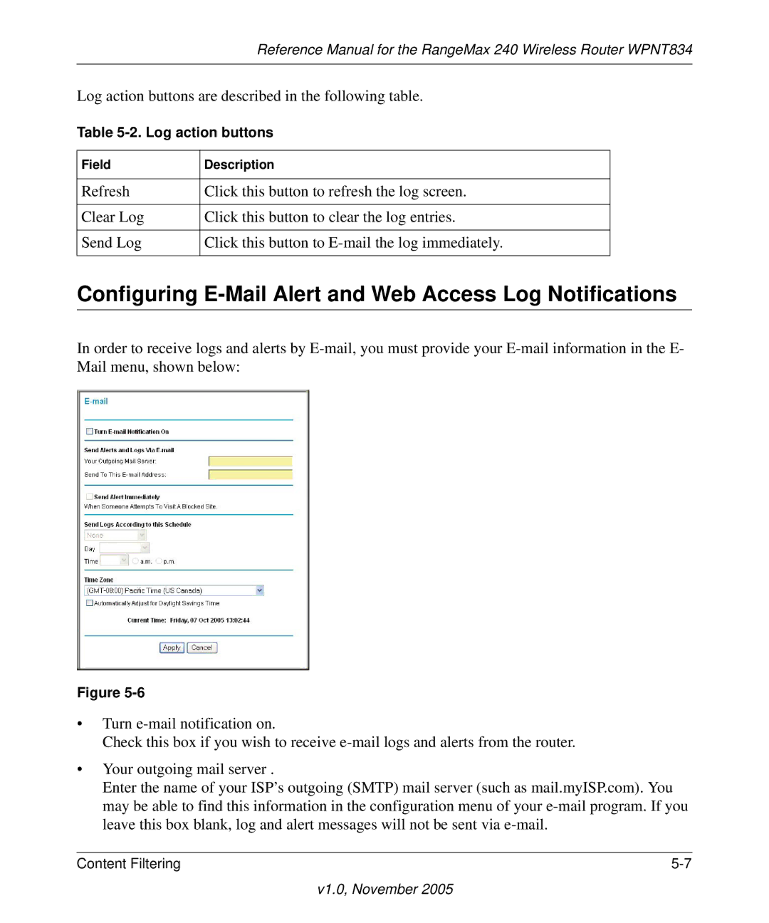 NETGEAR WPNT834 manual Configuring E-Mail Alert and Web Access Log Notifications, Log action buttons 