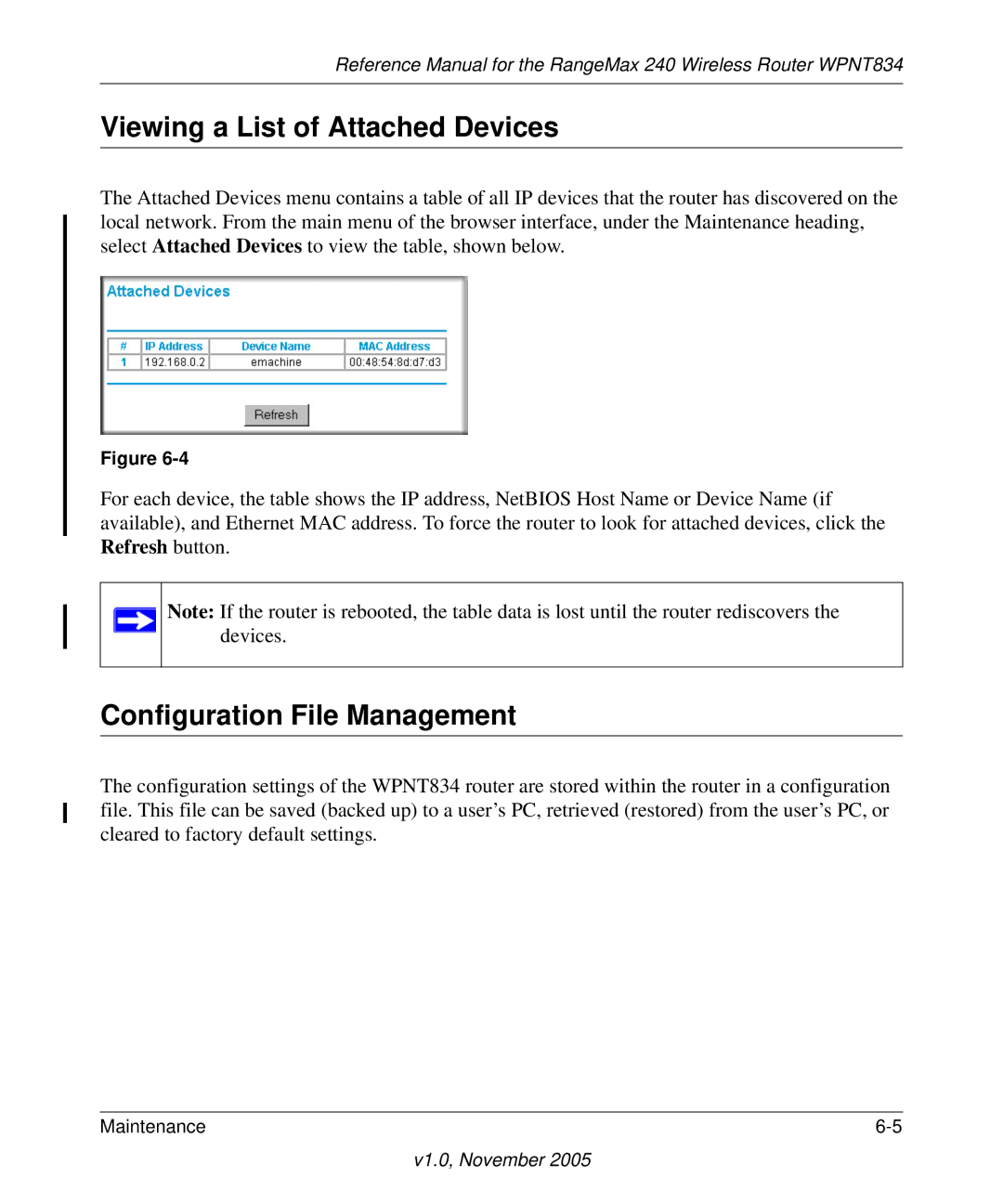 NETGEAR WPNT834 manual Viewing a List of Attached Devices, Configuration File Management 