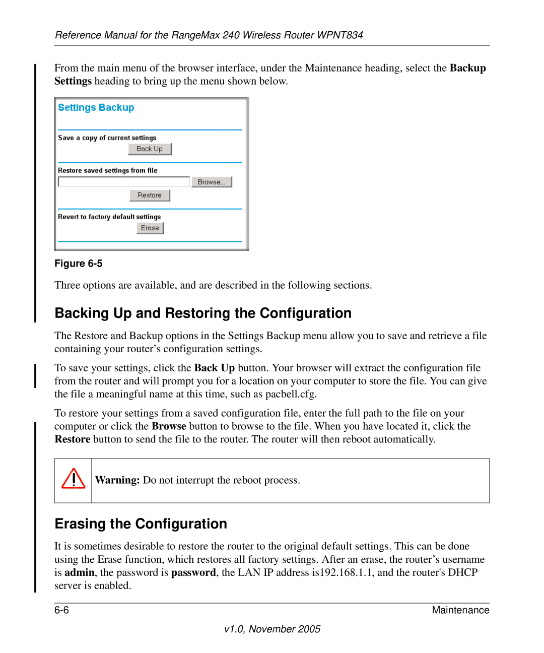 NETGEAR WPNT834 manual Backing Up and Restoring the Configuration, Erasing the Configuration 