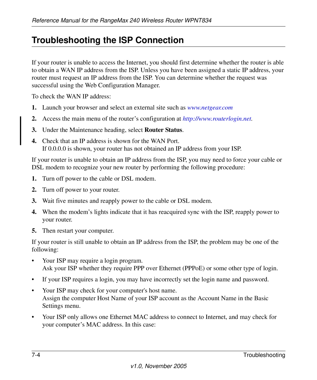 NETGEAR WPNT834 manual Troubleshooting the ISP Connection 