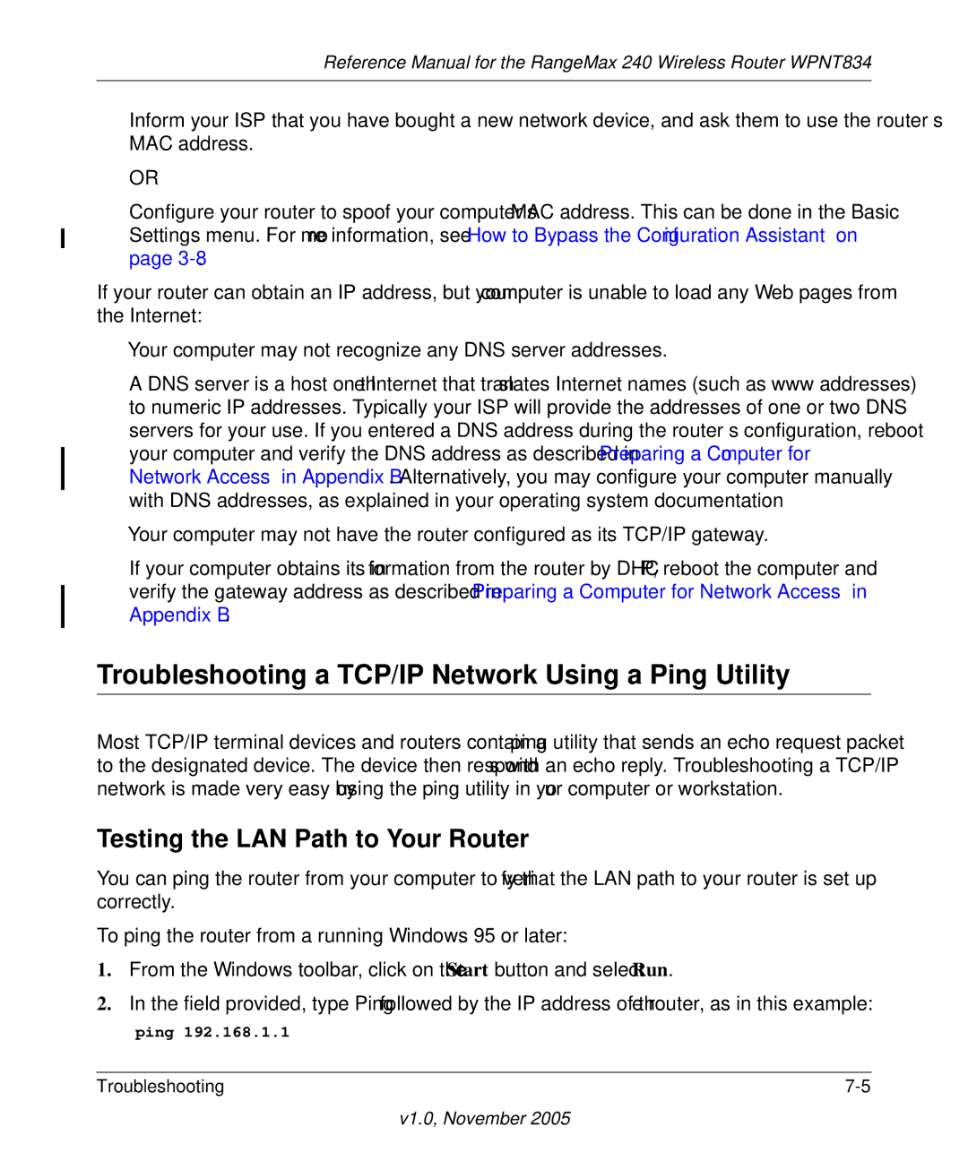 NETGEAR WPNT834 manual Troubleshooting a TCP/IP Network Using a Ping Utility, Testing the LAN Path to Your Router 