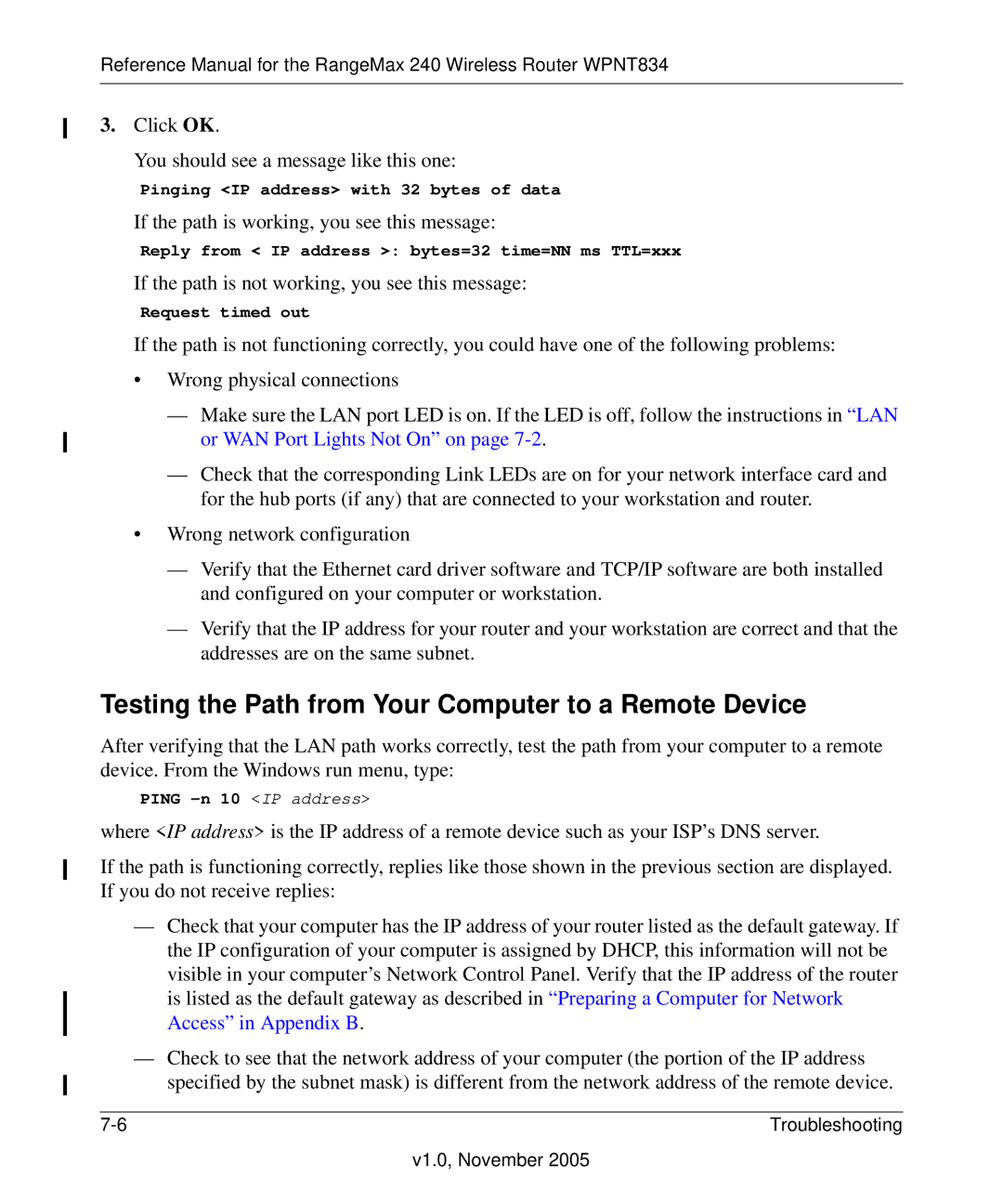 NETGEAR WPNT834 manual Testing the Path from Your Computer to a Remote Device 