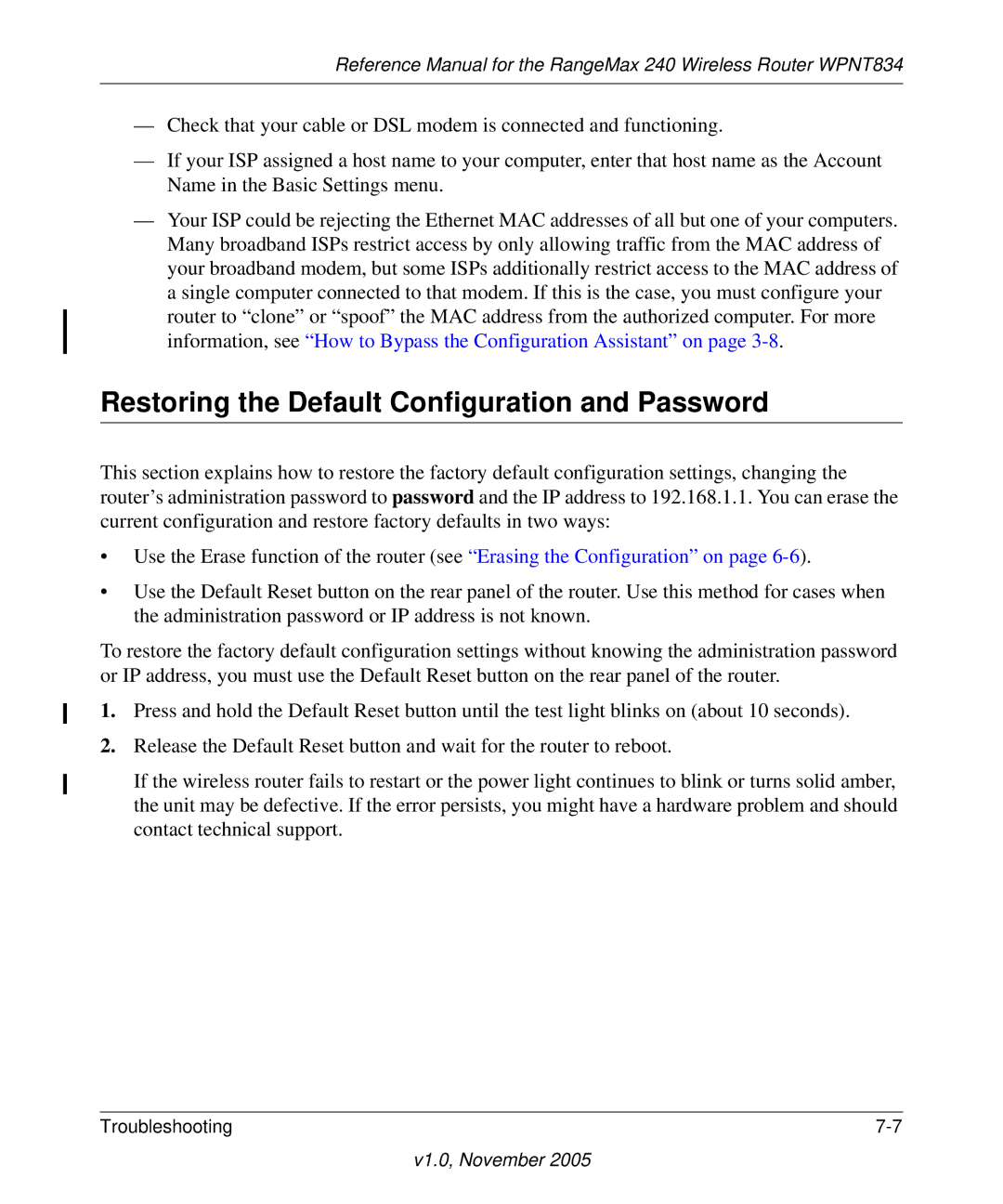 NETGEAR WPNT834 manual Restoring the Default Configuration and Password 