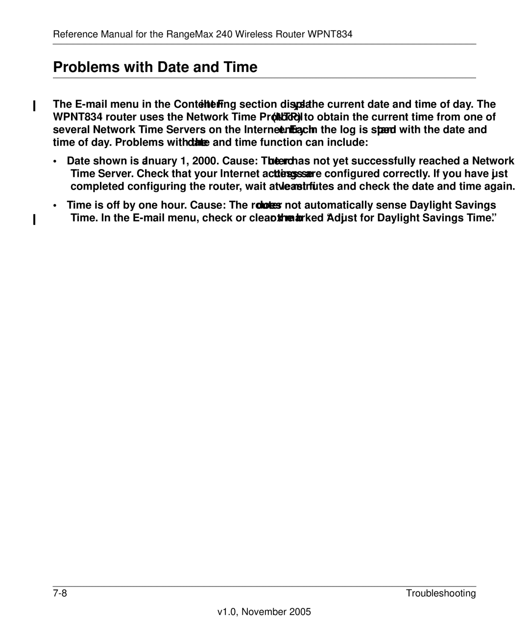 NETGEAR WPNT834 manual Problems with Date and Time 