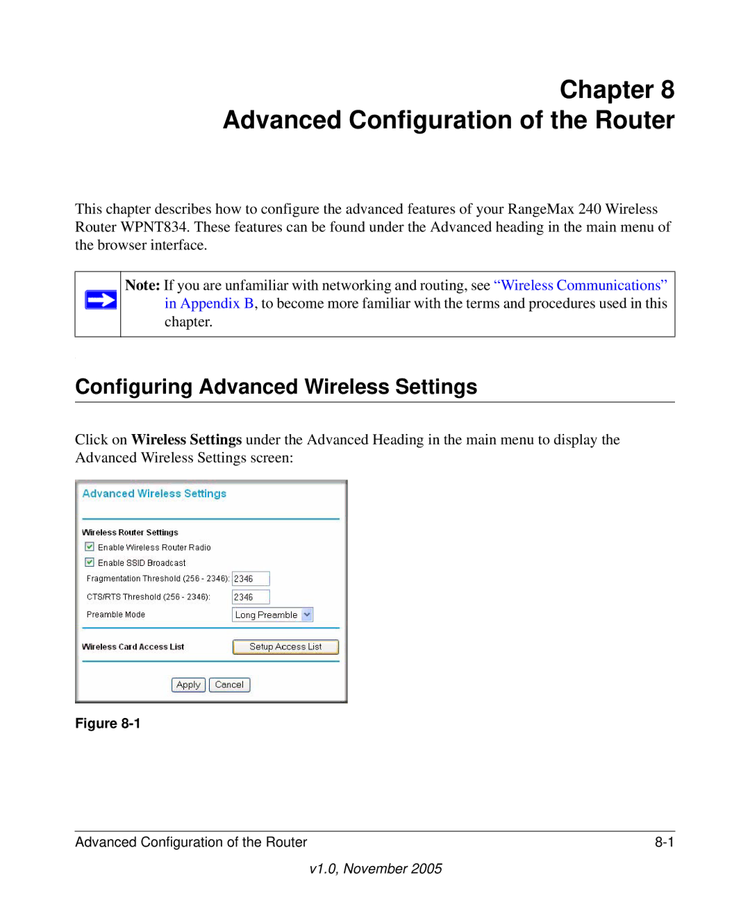 NETGEAR WPNT834 manual Advanced Configuration of the Router, Configuring Advanced Wireless Settings 