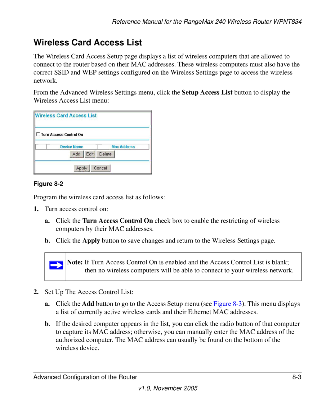 NETGEAR WPNT834 manual Wireless Card Access List 