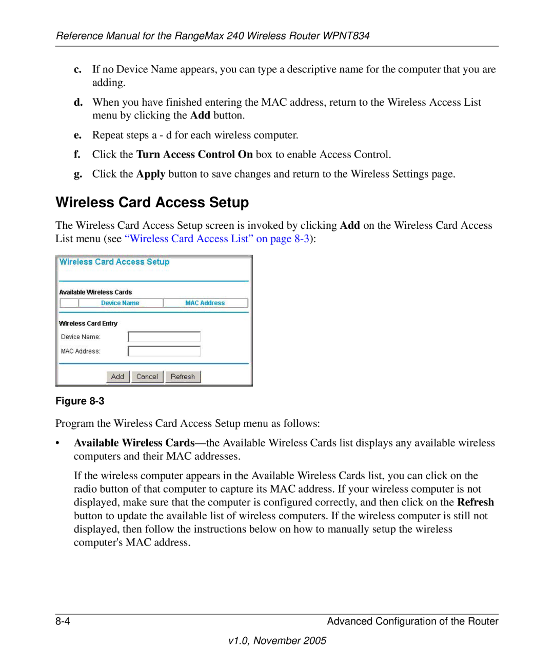 NETGEAR WPNT834 manual Wireless Card Access Setup 