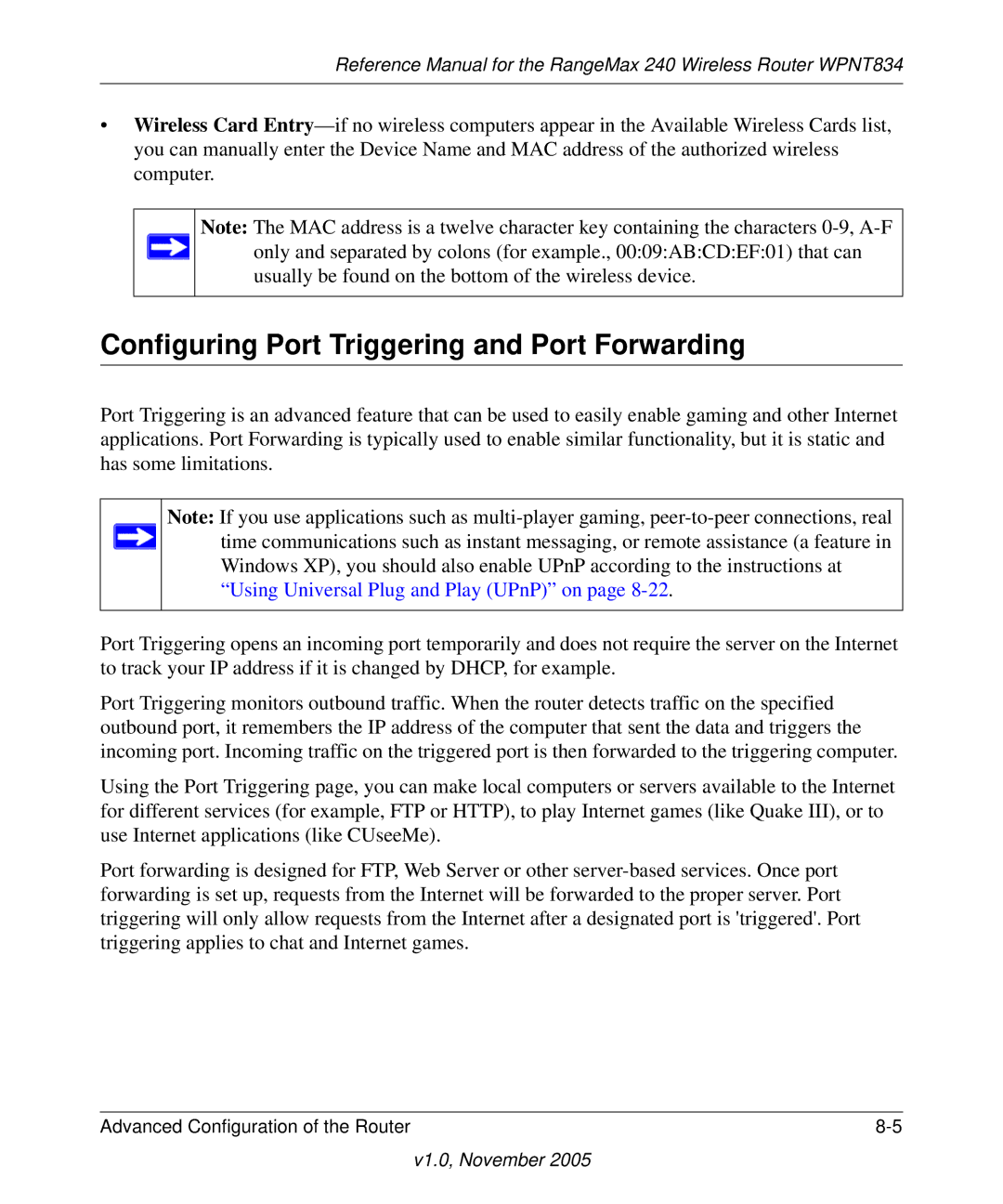 NETGEAR WPNT834 manual Configuring Port Triggering and Port Forwarding 