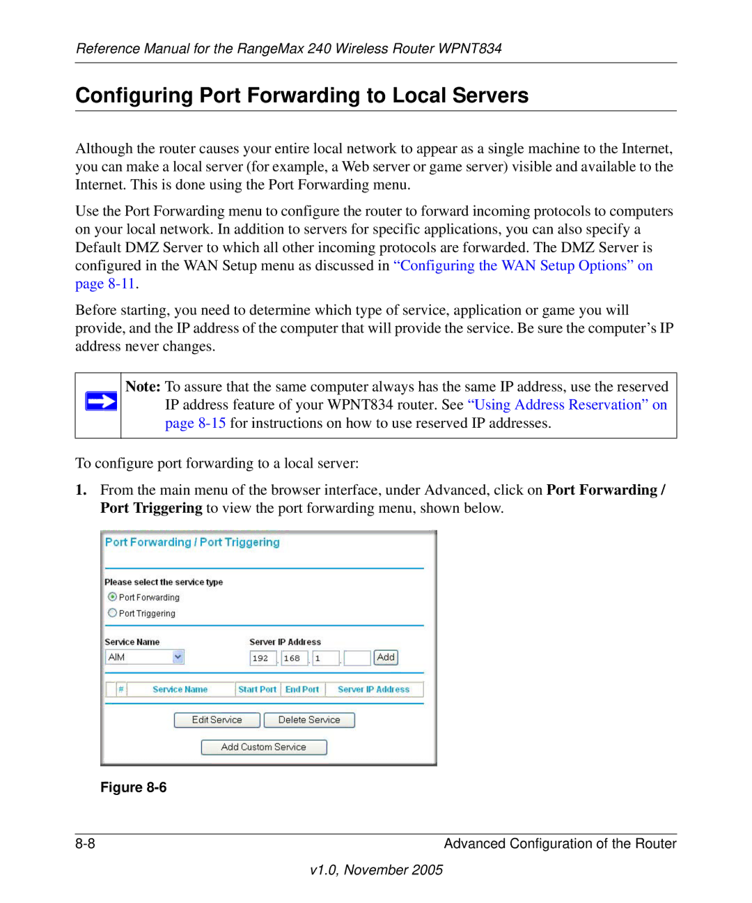 NETGEAR WPNT834 manual Configuring Port Forwarding to Local Servers 