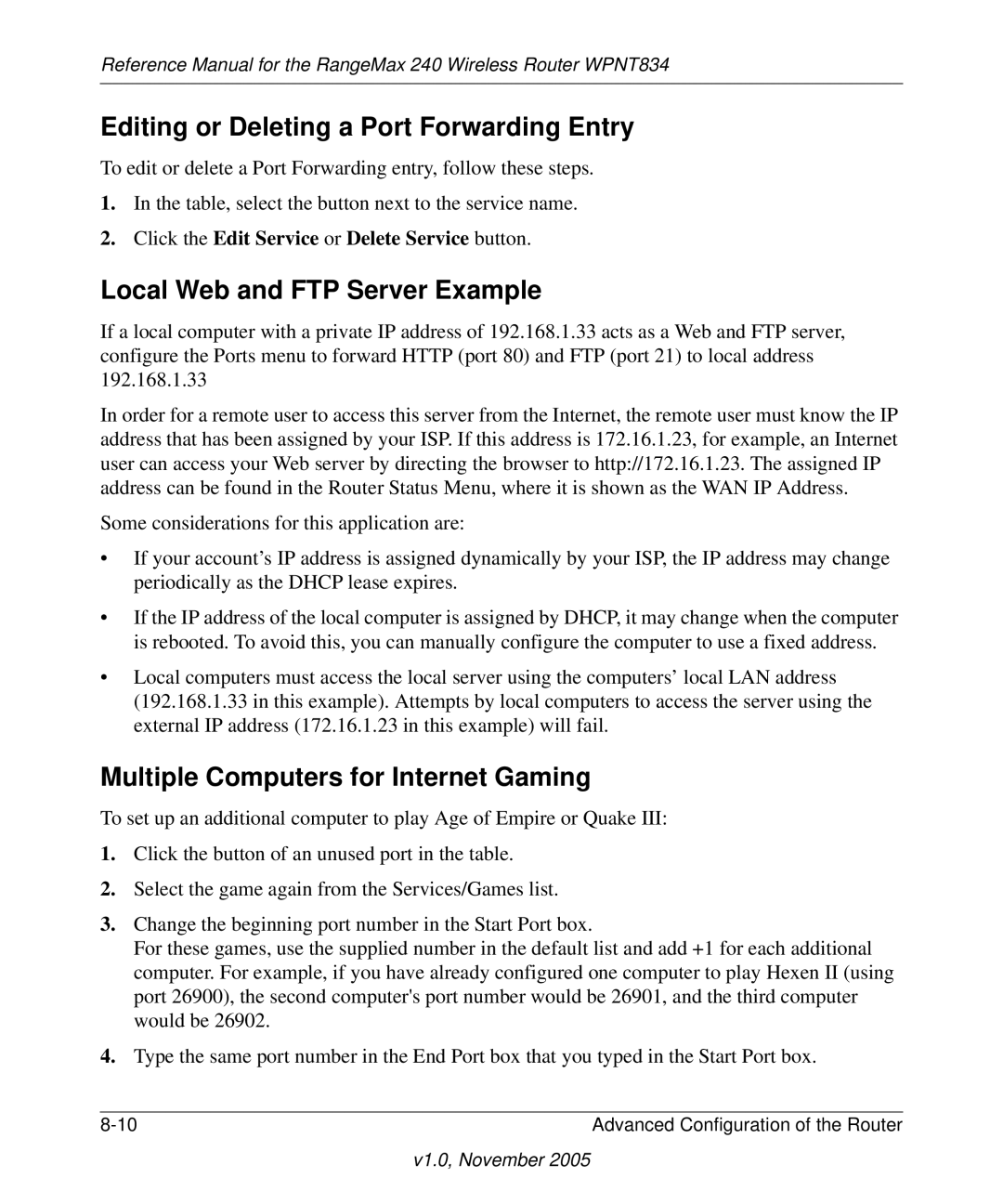 NETGEAR WPNT834 manual Editing or Deleting a Port Forwarding Entry, Local Web and FTP Server Example 