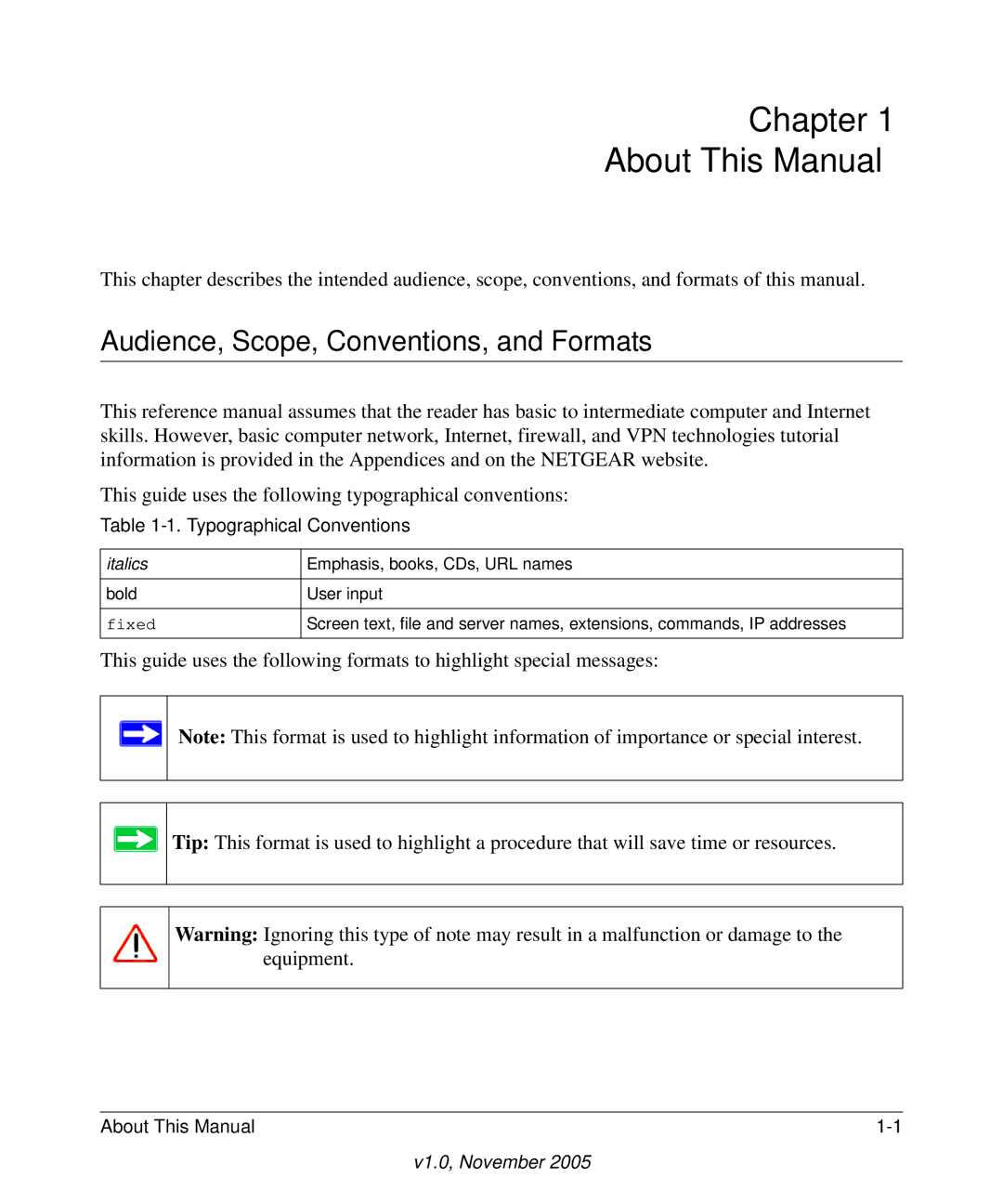 NETGEAR WPNT834 manual Chapter About This Manual, Audience, Scope, Conventions, and Formats, Typographical Conventions 