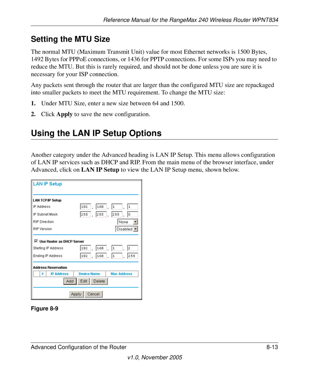 NETGEAR WPNT834 manual Using the LAN IP Setup Options, Setting the MTU Size 