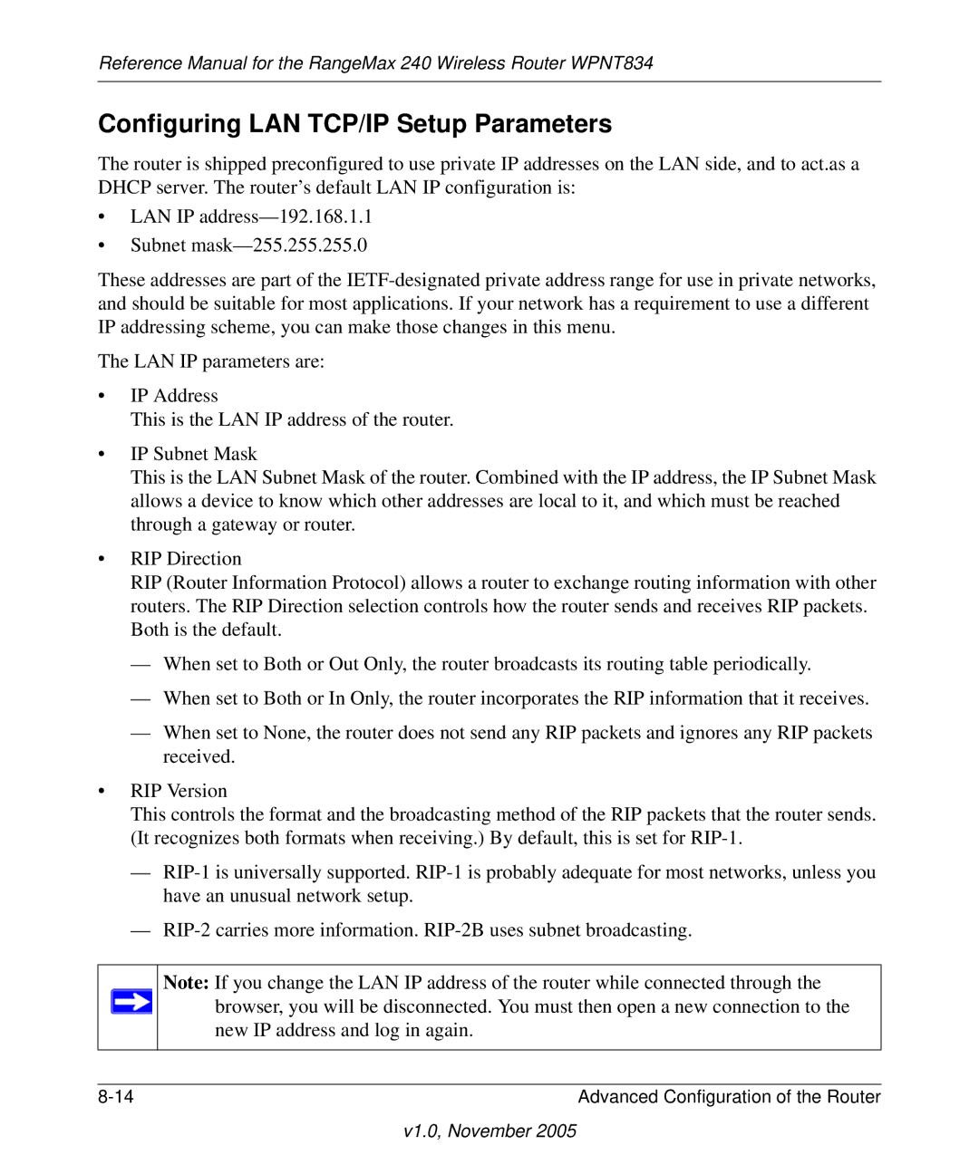 NETGEAR WPNT834 manual Configuring LAN TCP/IP Setup Parameters 