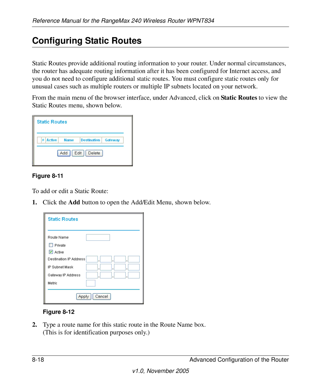 NETGEAR WPNT834 manual Configuring Static Routes 