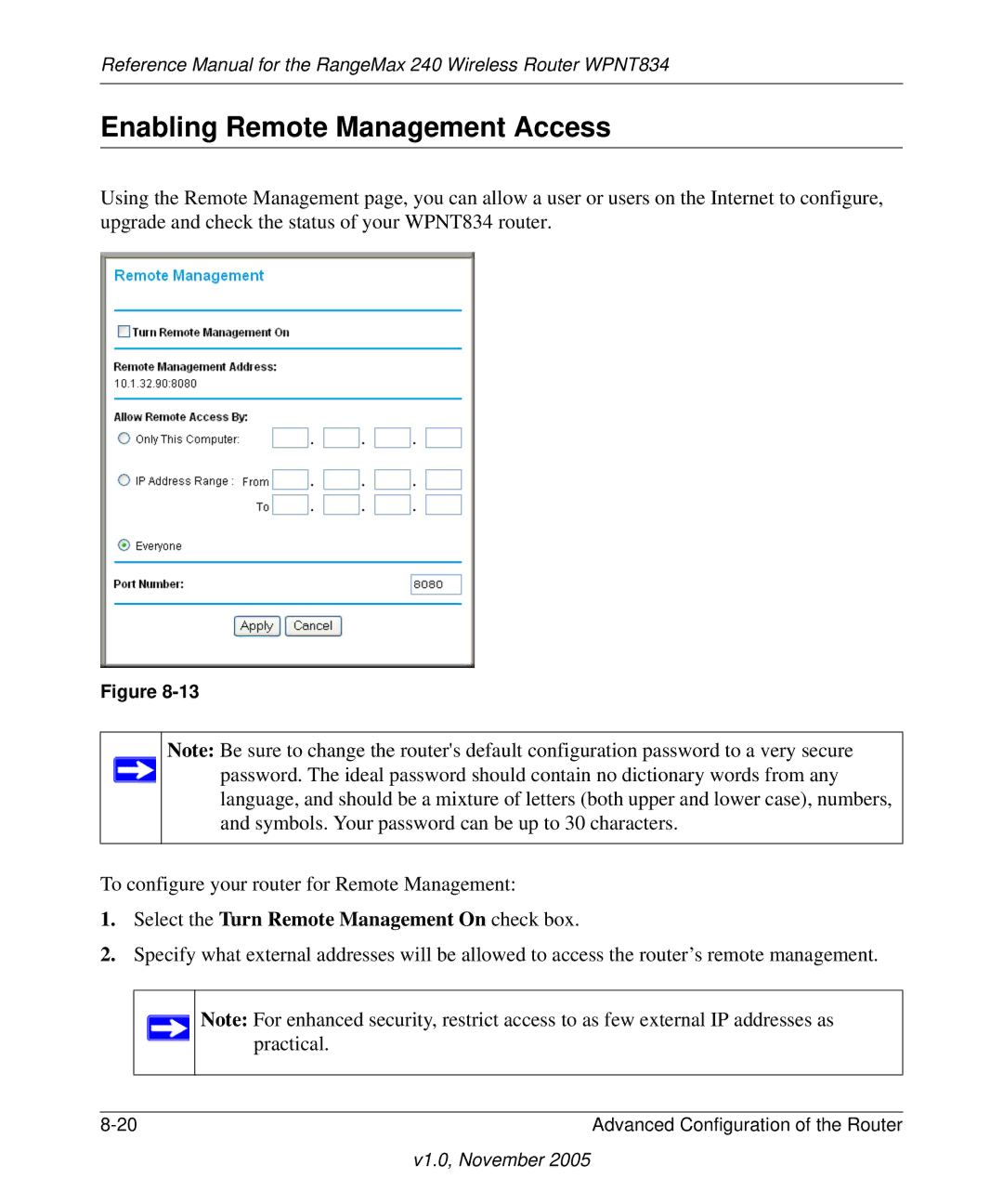 NETGEAR WPNT834 manual Enabling Remote Management Access, Select the Turn Remote Management On check box 