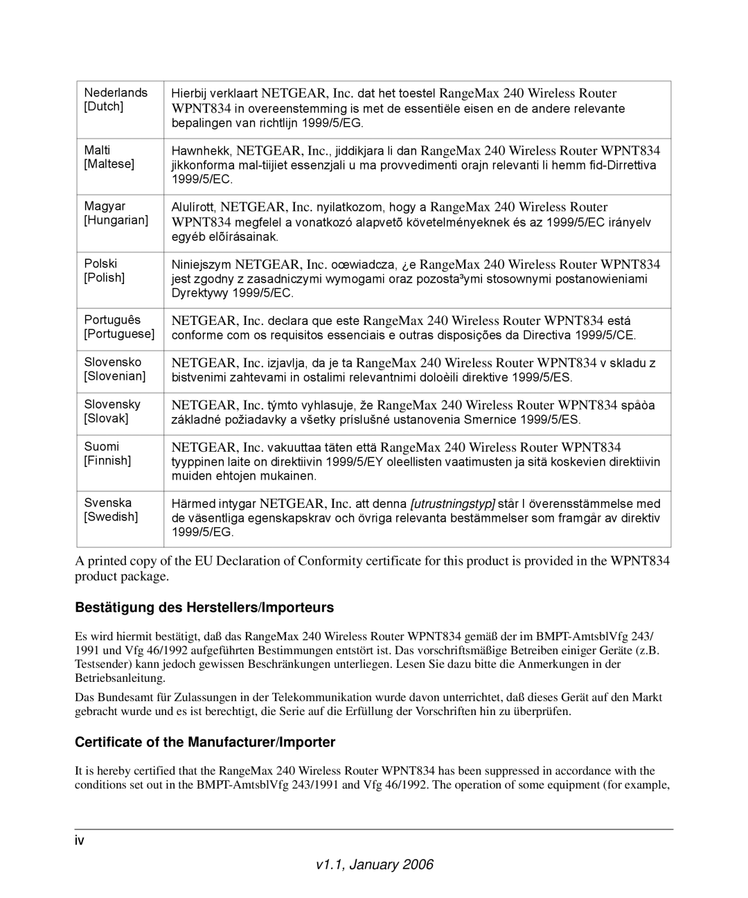 NETGEAR WPNT834 manual Bestätigung des Herstellers/Importeurs, Certificate of the Manufacturer/Importer 