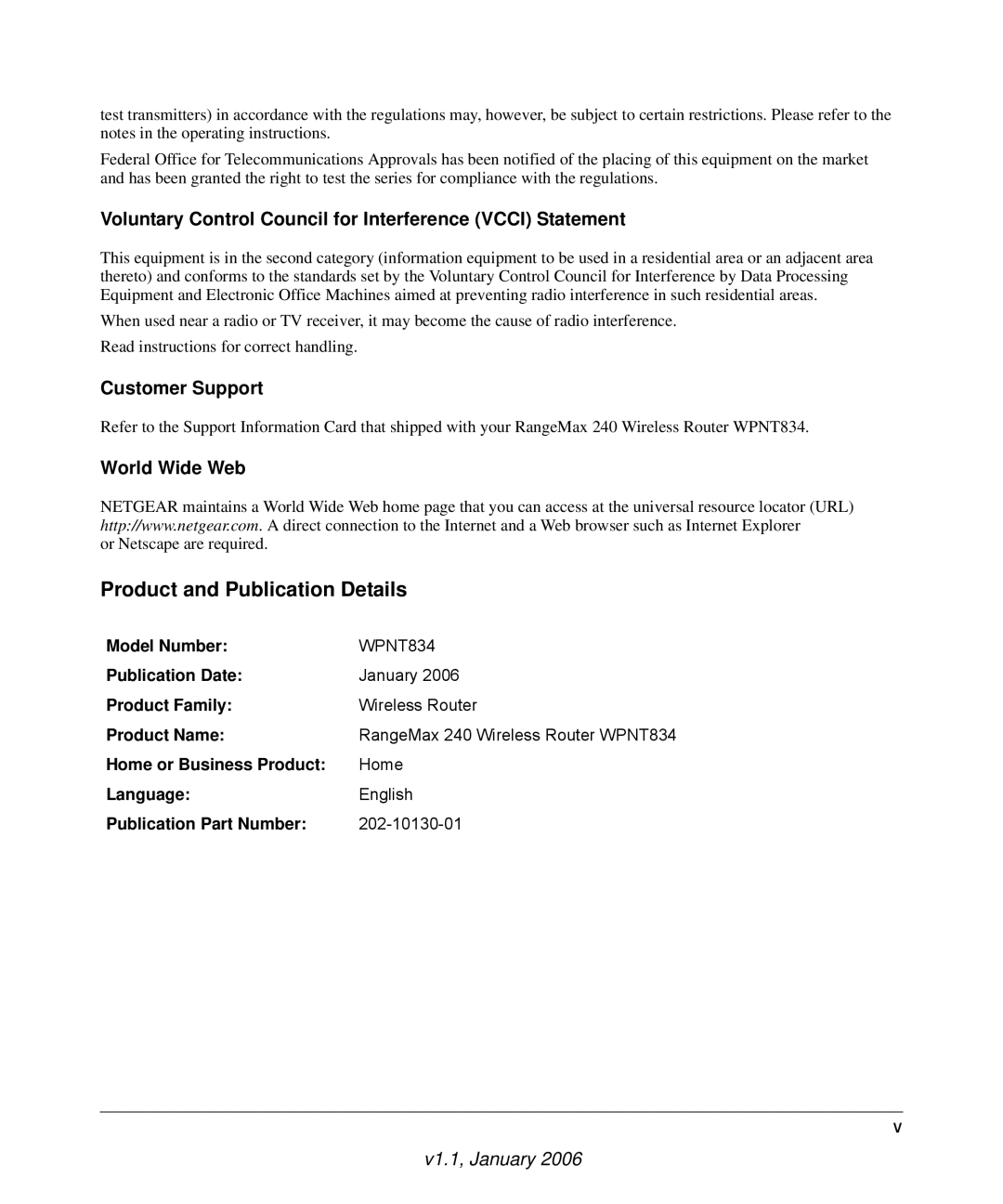 NETGEAR WPNT834 manual Voluntary Control Council for Interference Vcci Statement, Customer Support, World Wide Web 