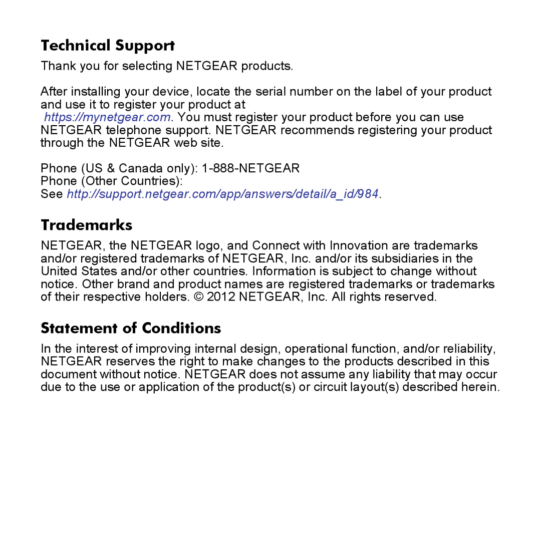 NETGEAR XAU2511 manual Technical Support 