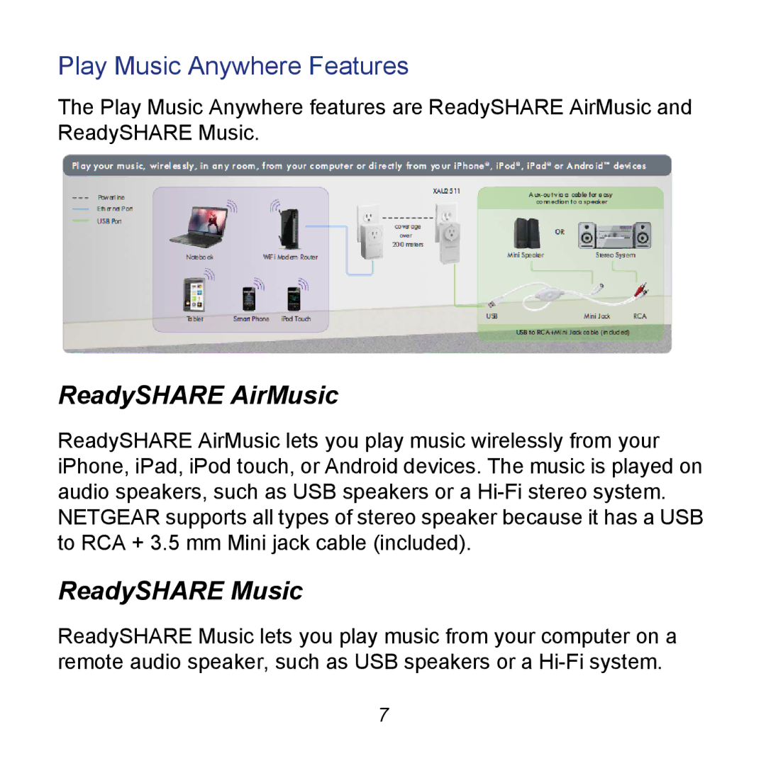 NETGEAR XAU2511 manual Play Music Anywhere Features, ReadySHARE AirMusic, ReadySHARE Music 