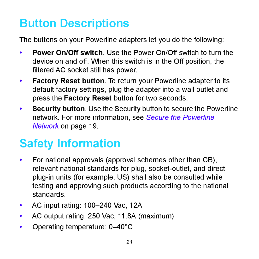 NETGEAR XAUB2511 manual Button Descriptions, Safety Information 