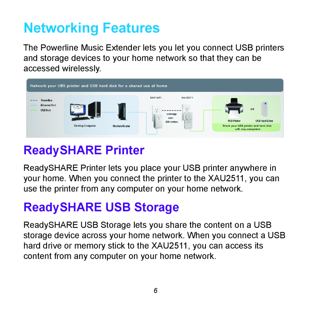 NETGEAR XAUB2511 manual Networking Features, ReadySHARE Printer, ReadySHARE USB Storage 