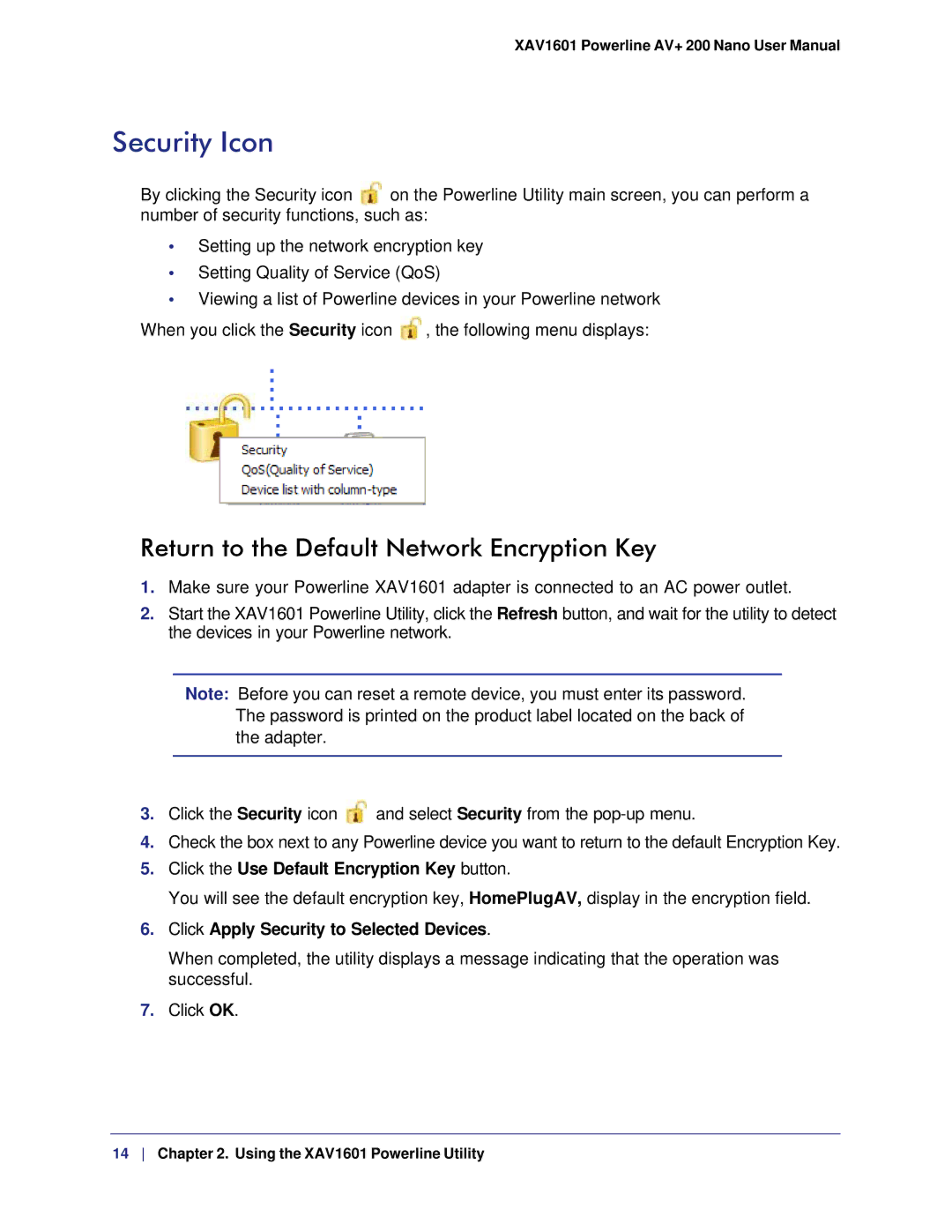 NETGEAR XAV1601 Security Icon, Return to the Default Network Encryption Key, Click the Use Default Encryption Key button 