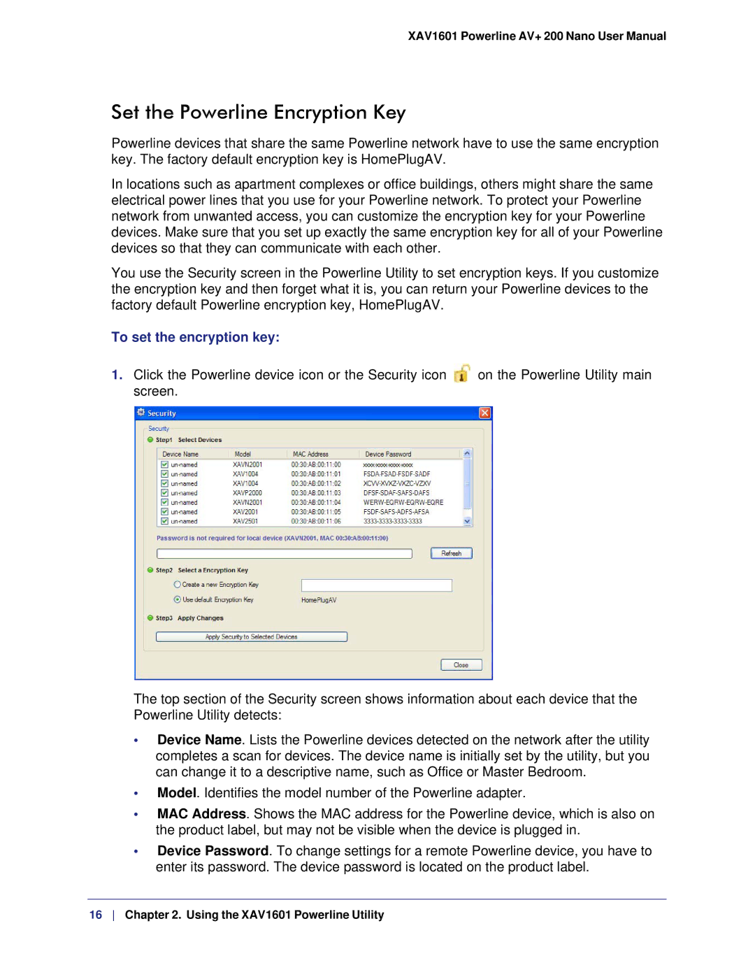 NETGEAR XAV1601 user manual Set the Powerline Encryption Key, To set the encryption key 