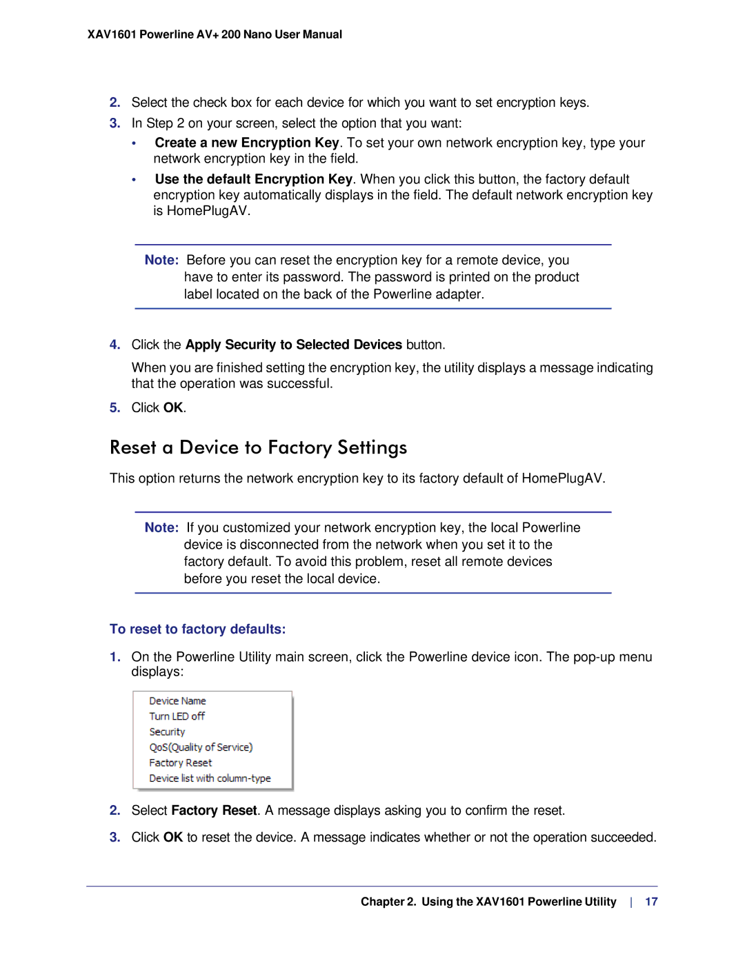 NETGEAR XAV1601 user manual Reset a Device to Factory Settings, Click the Apply Security to Selected Devices button 