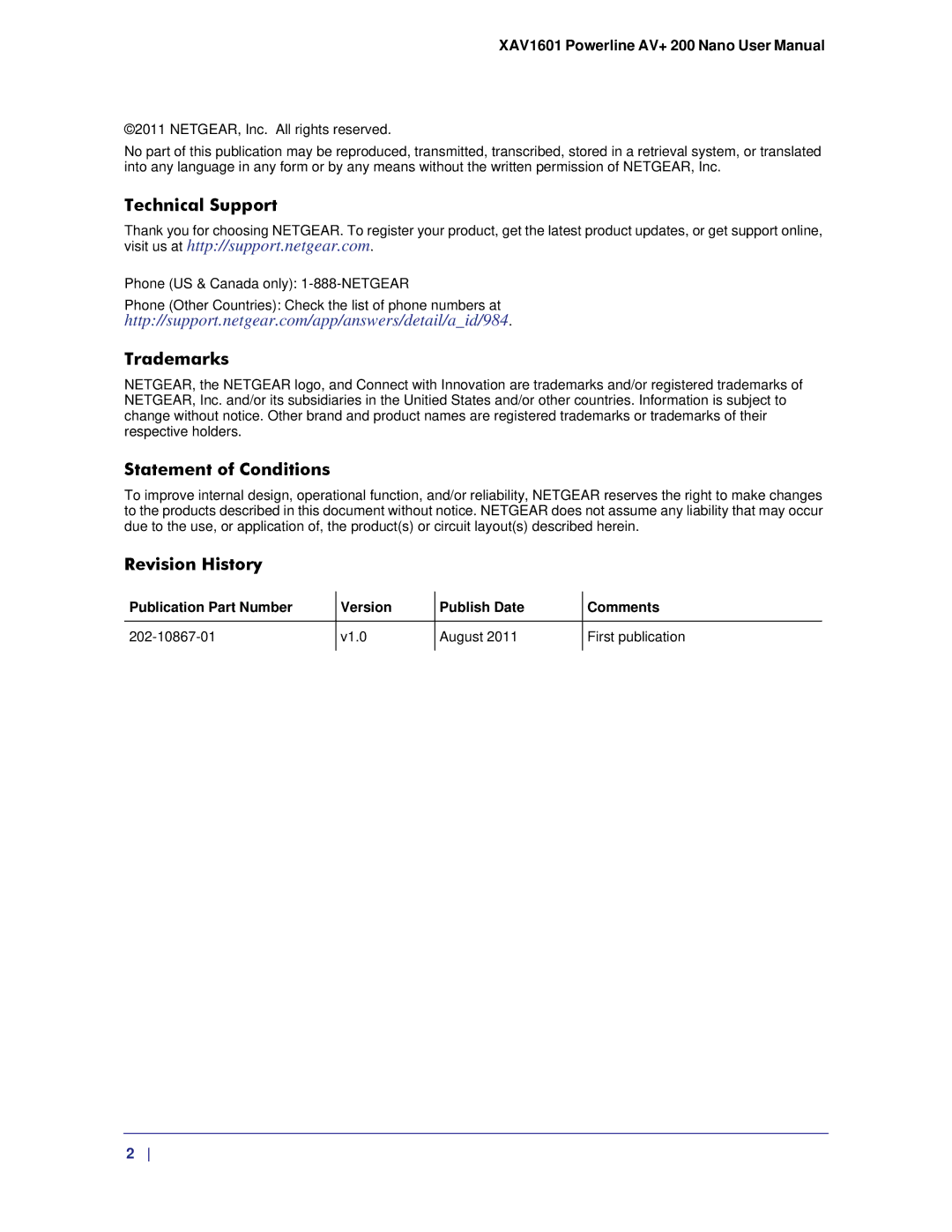 NETGEAR XAV1601 user manual Technical Support, Trademarks, Statement of Conditions, Revision History 