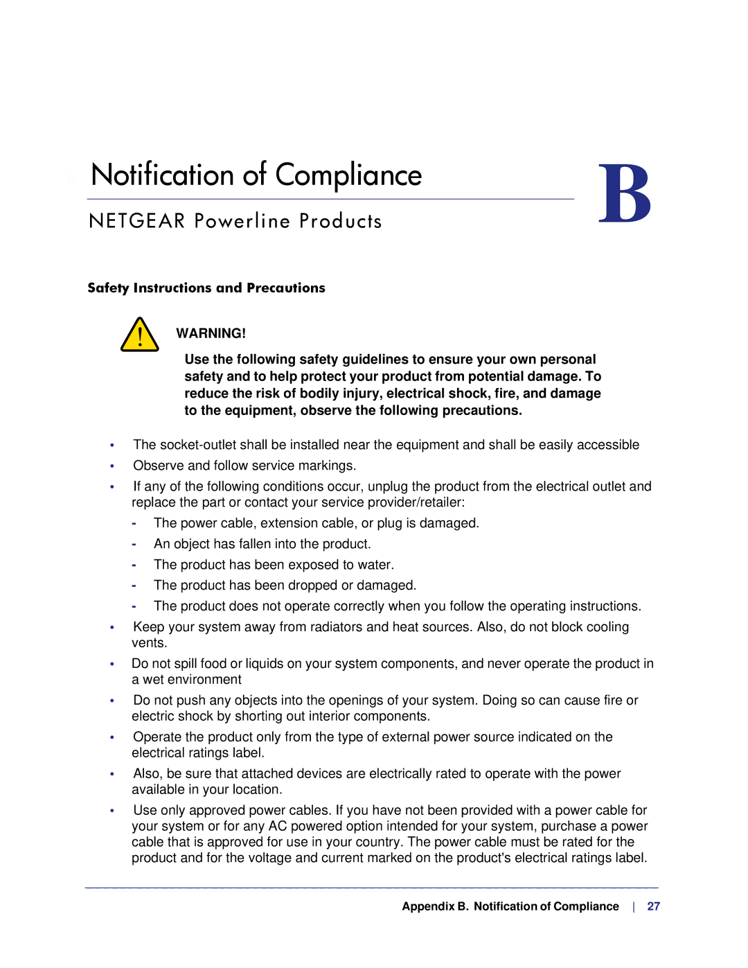 NETGEAR XAV1601 user manual Notification of Compliance, Netgear Powerline Products 