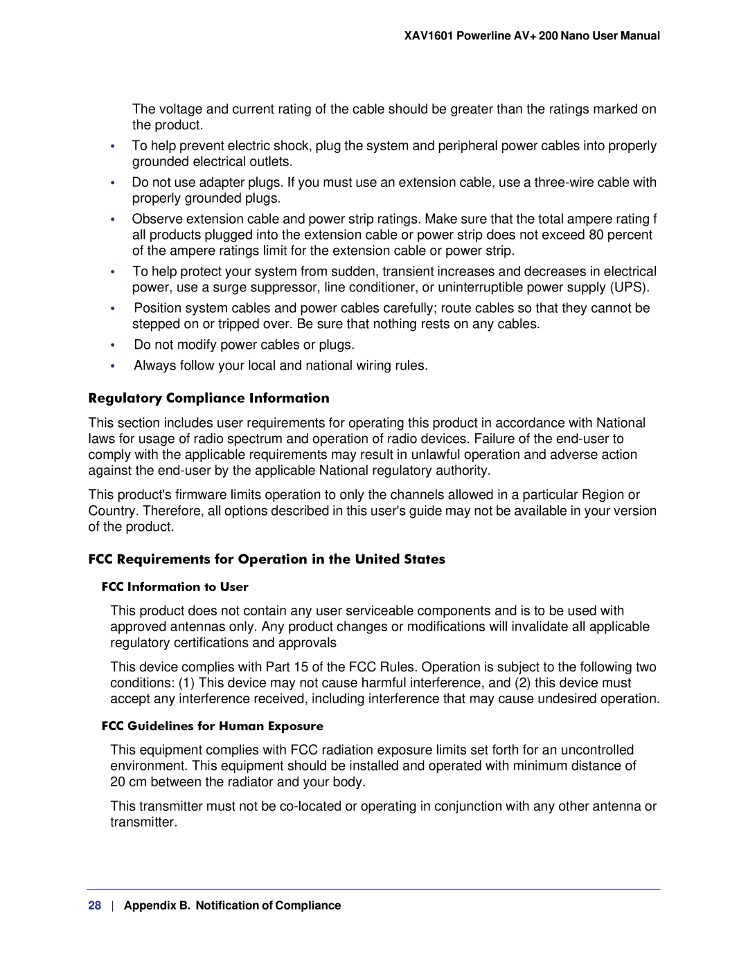 NETGEAR XAV1601 user manual Regulatory Compliance Information, FCC Requirements for Operation in the United States 