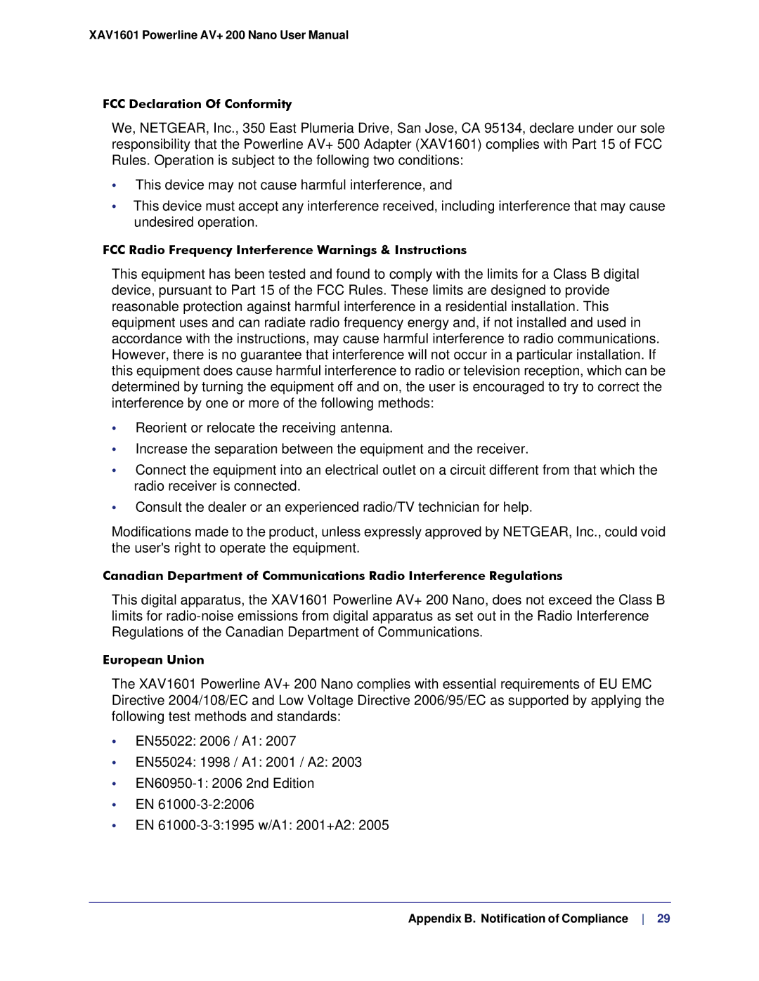 NETGEAR XAV1601 user manual FCC Declaration Of Conformity 