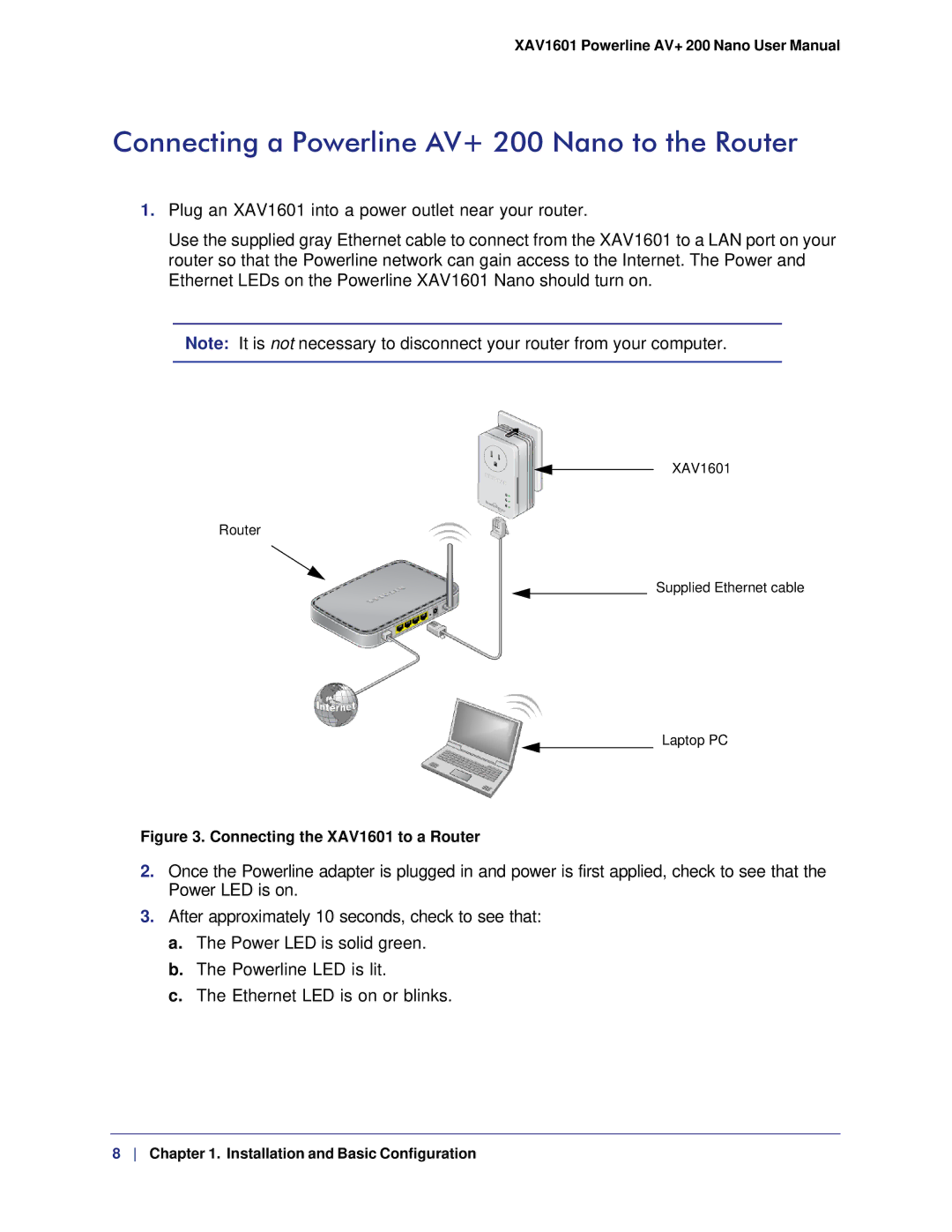 NETGEAR user manual Connecting a Powerline AV+ 200 Nano to the Router, Connecting the XAV1601 to a Router 