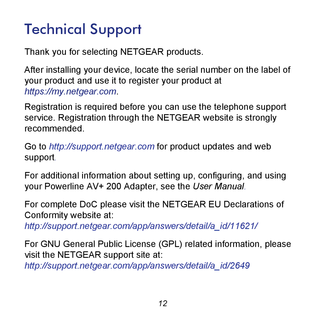 NETGEAR XAV2602 manual Technical Support 