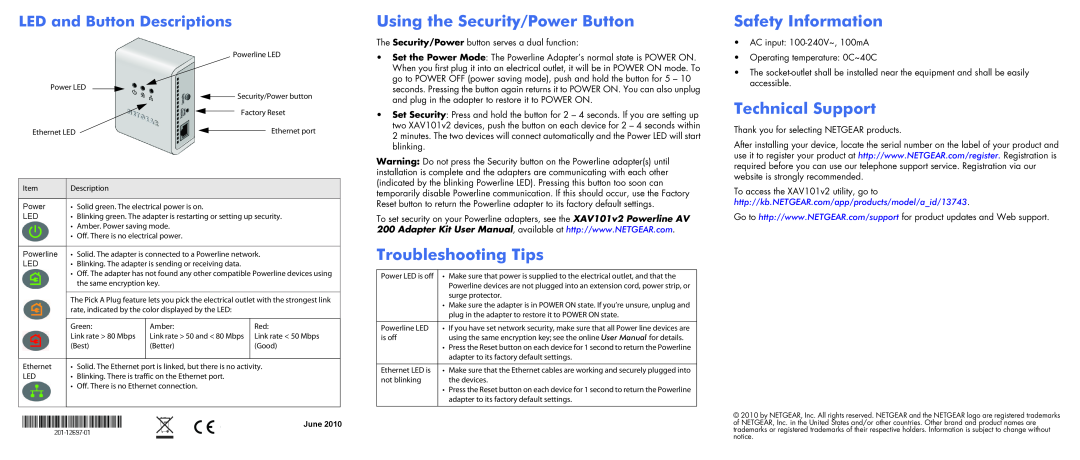 NETGEAR XAVB101V2 manual Using the Security/Power Button, Troubleshooting Tips, Safety Information, Technical Support 