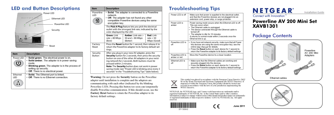 NETGEAR XAVB1301 user manual LED and Button Descriptions, Troubleshooting Tips, June 