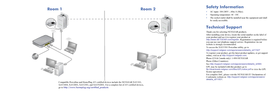 NETGEAR XAVB1301 user manual Room Safety Information, Technical Support 