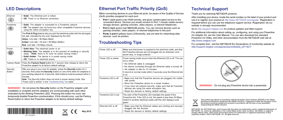 NETGEAR XAVB5004-100NAS LED Descriptions, Ethernet Port Traffic Priority QoS, Troubleshooting Tips, Technical Support 