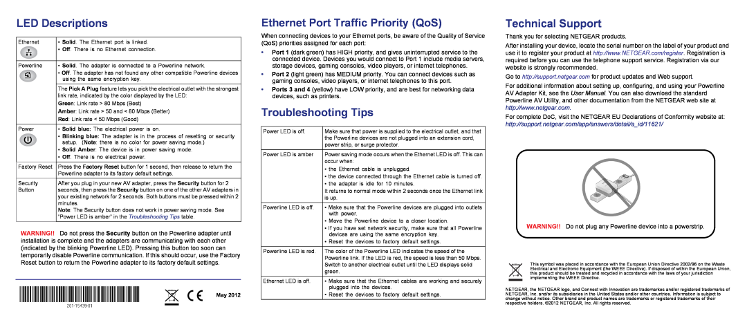 NETGEAR XAVB5004-100NAS LED Descriptions, Ethernet Port Traffic Priority QoS, Troubleshooting Tips, Technical Support 